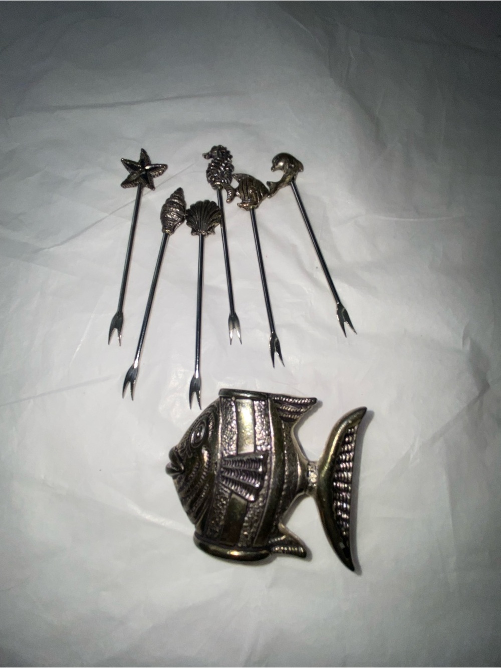 Silver-Tone Nautical Fish Cocktail Picks and Holder Set